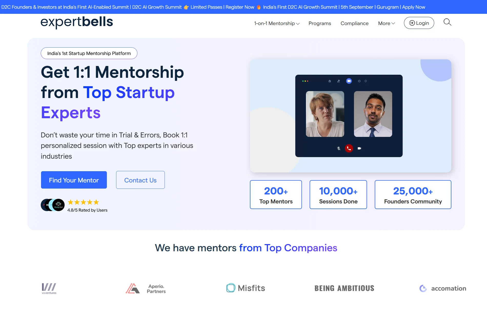 Expert Bells homepage with the mentorship hero, session statistics and partner logo strip