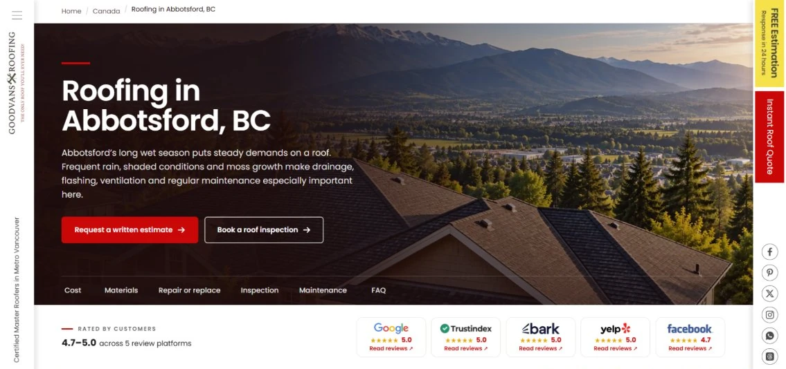 GV Roofs Abbotsford location page showing jump navigation and structured roofing content
