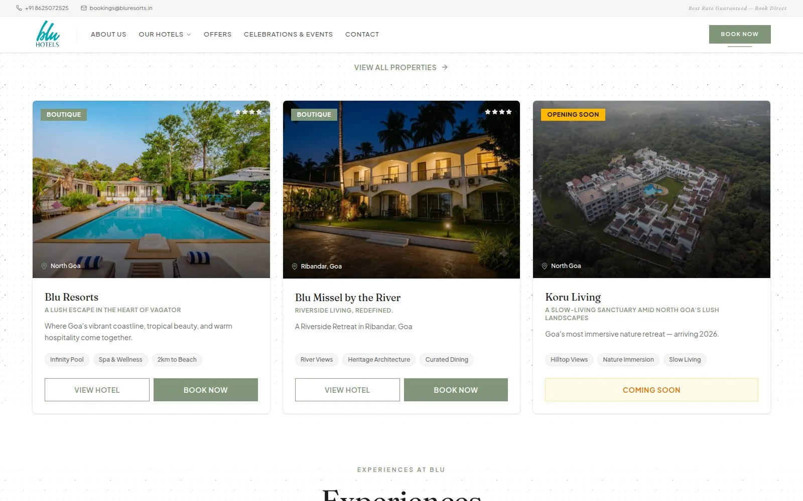 Blu Resorts homepage, a hotel group website built by SAM Web Studio in Next.js
